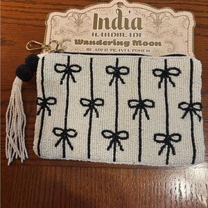 Beaded Cosmetic Travel Bag with zip and clip. Handmade in India 5” H by 7.5”W